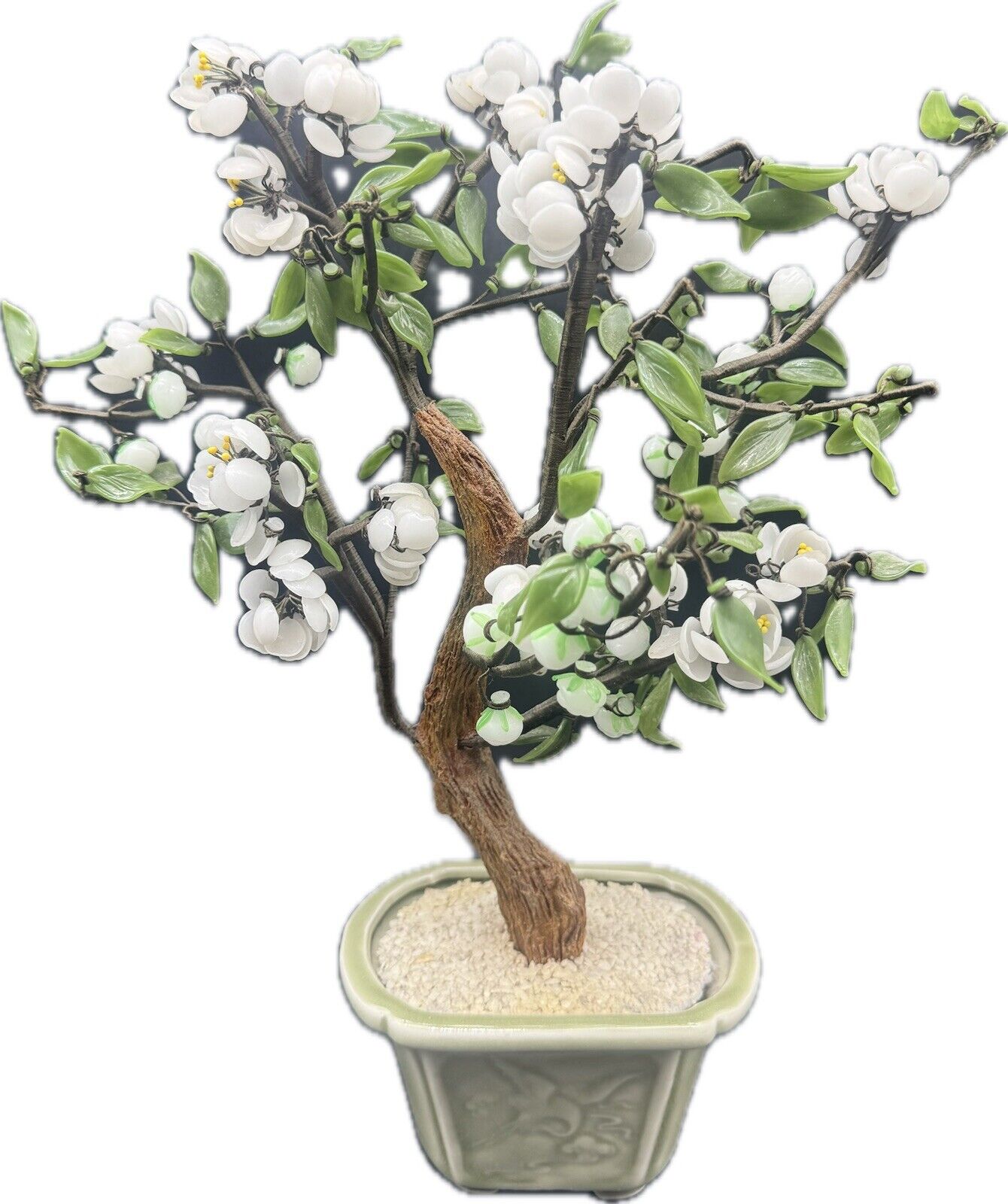 VTG Bonsai Tree Glass Cherry Blossom Flower Pink White Green Celadon Style Pot