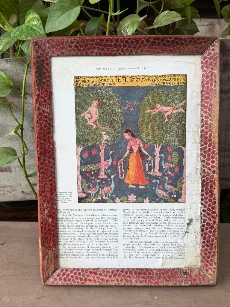 Vintage Indian Miniature Painting Art Print Red Crackle Frame Wall Decor 15