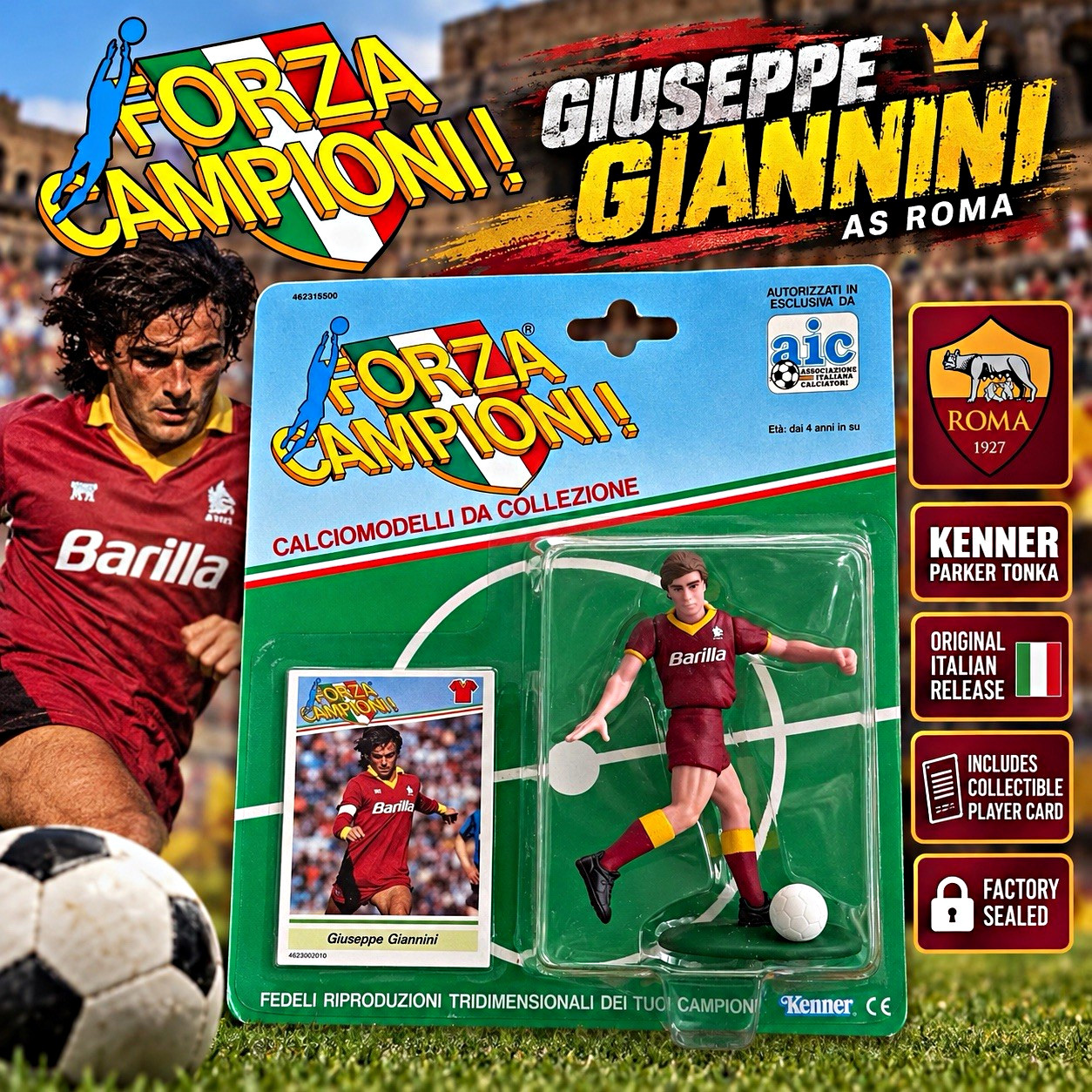 Vintage Kenner Forza Campioni Giuseppe Giannini AS Roma Soccer Figure Sealed