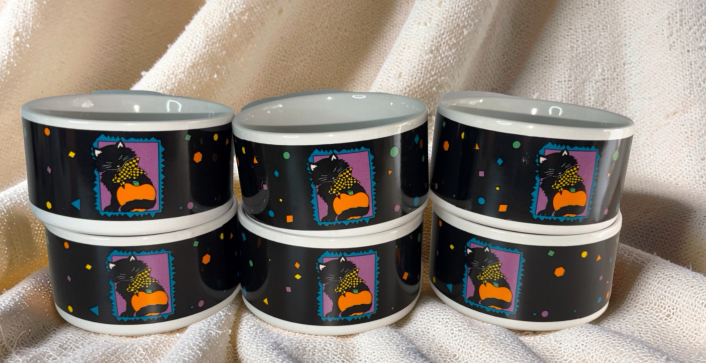 Lot of 6 Vintage INARCO Halloween Bowls Black Cat Pumpkin Ceramic Korea Set