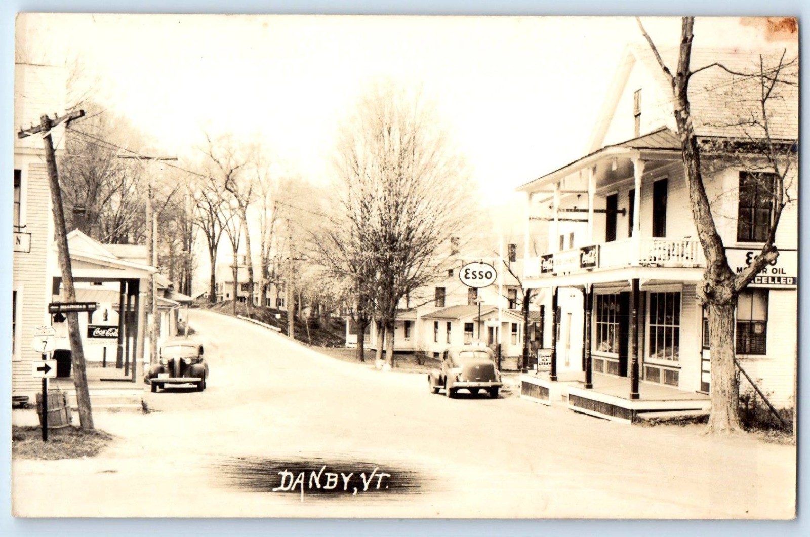 c1940 Street View Cars Coca Cola Esso Store Danby Vermont VT RPPC Photo Postcard