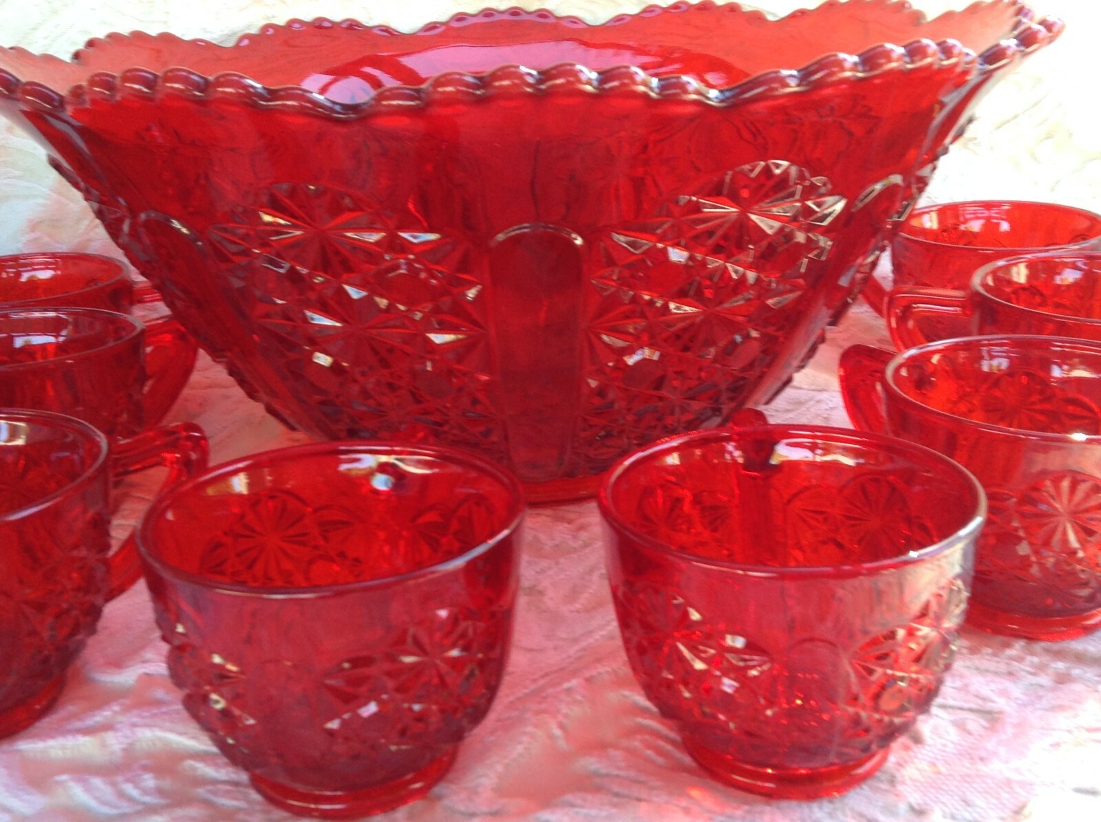 LG WRIGHT VINTAGE RED PUNCH BOWL & CUPS, EAPG DAISY & BUTTON PATTERN, 9pcs