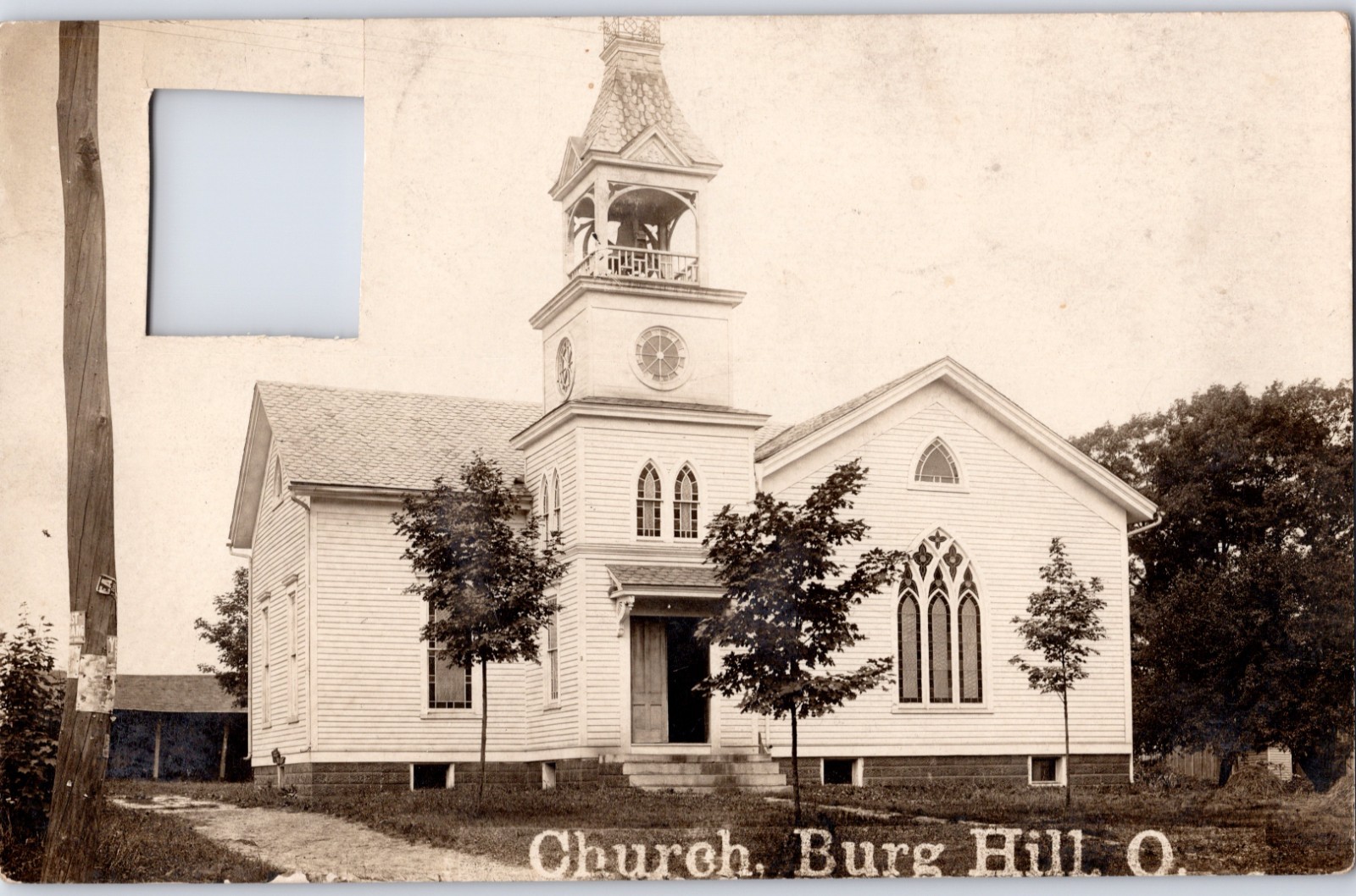 VINTAGE BURG HILL OHIO CHURCH REAL PHOTO RPPC POSTCARD STAMP CUTOUT PP