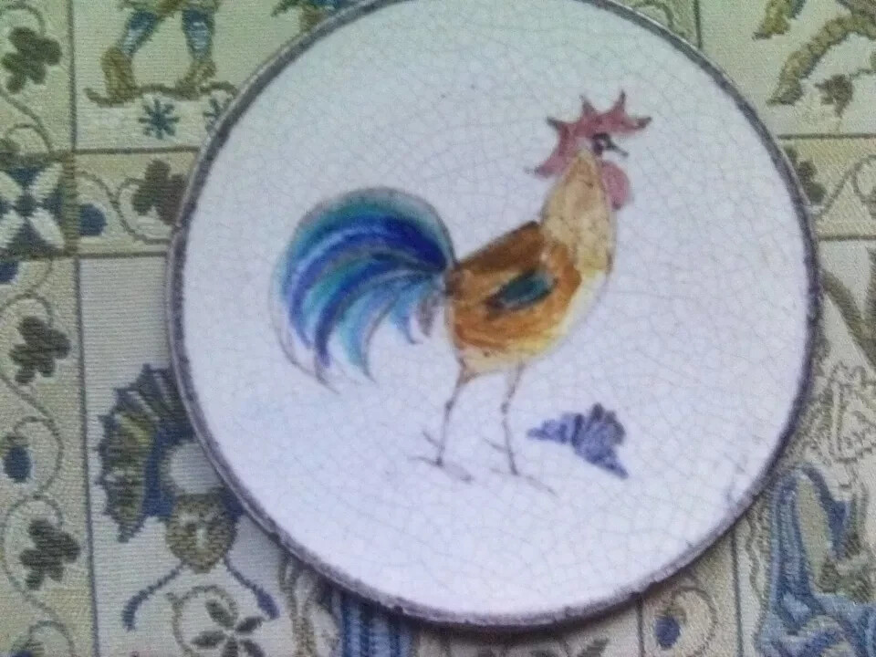 Rooster Chicken Plate Hand Paint Crackle VTG Art Pottery 4