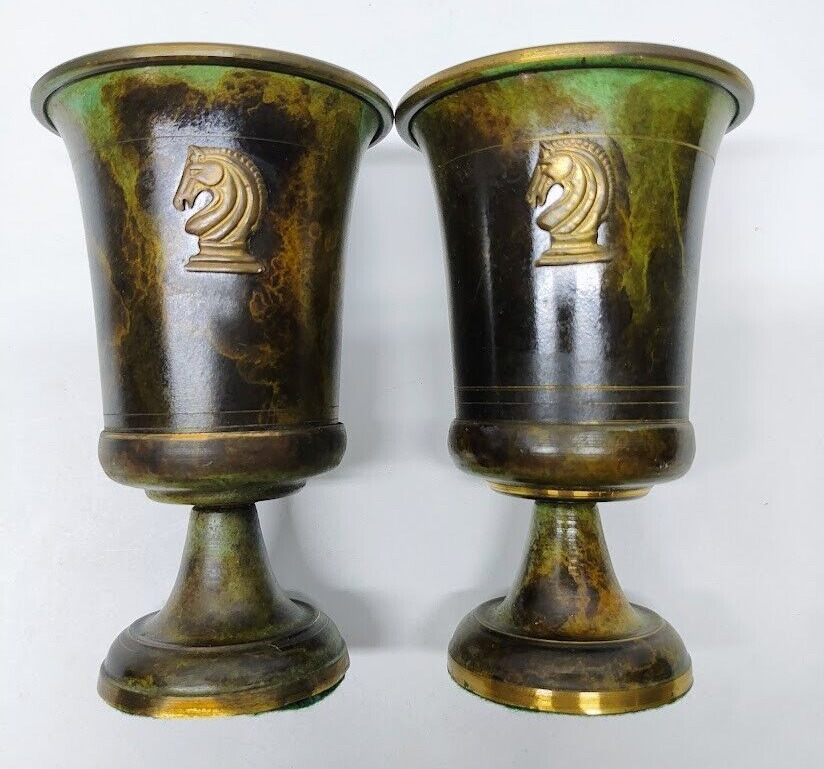 Pair of Vintage Brass / Bronze Horse Knight goblet Or Vase 6” Heavy