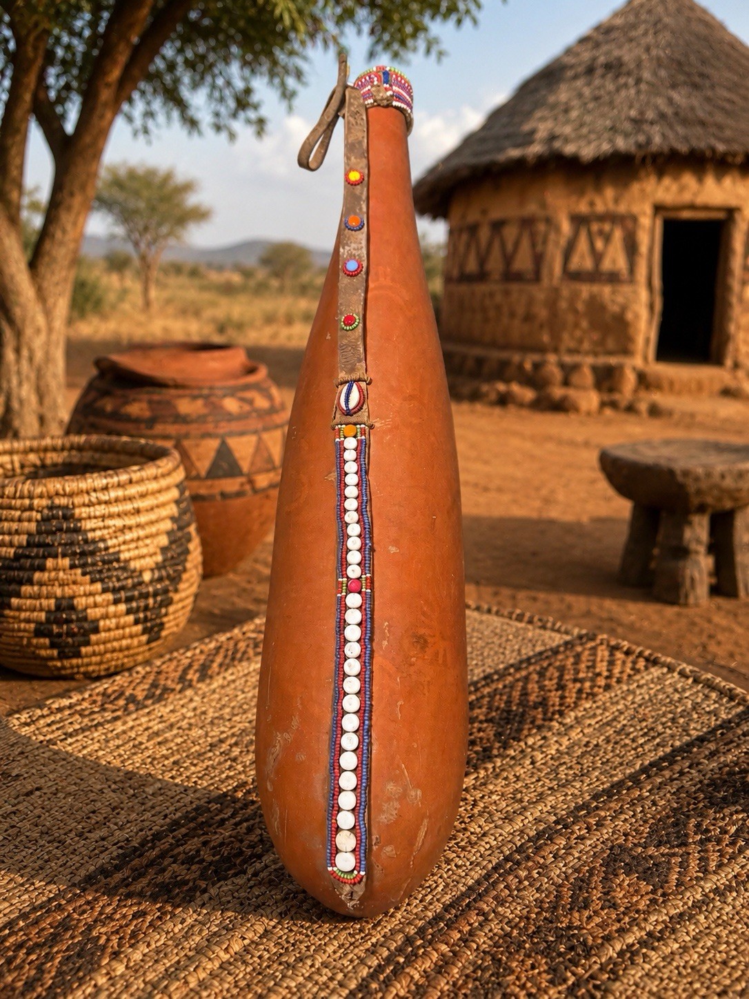 Vintage Maasai Kenya Milk Gourd Container Beaded Handmade Folkart 21”