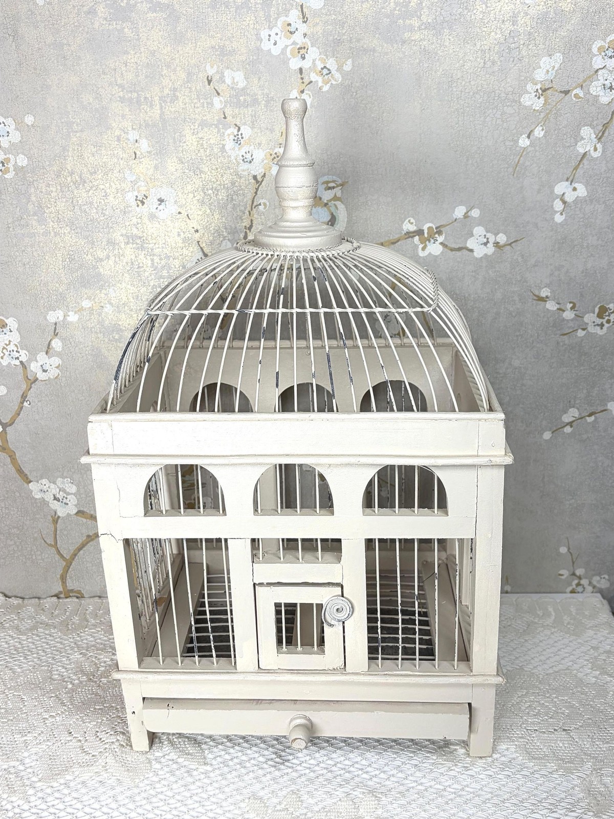 Vintage Off White Wood Wireframe Domed Bird Cage Architectural Decor