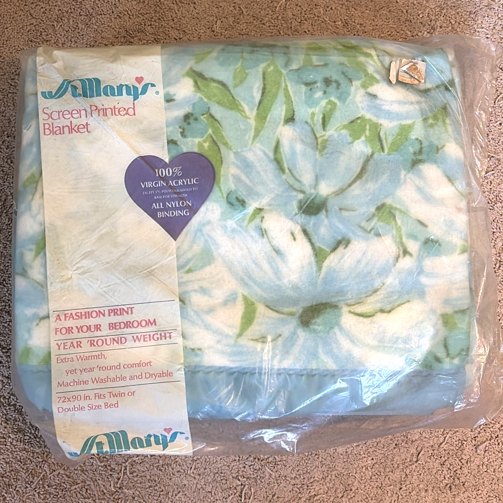 Vtg St Mary\'s Screen Printed Acrylic Blanket Twin or Full Blue Floral USA NEW
