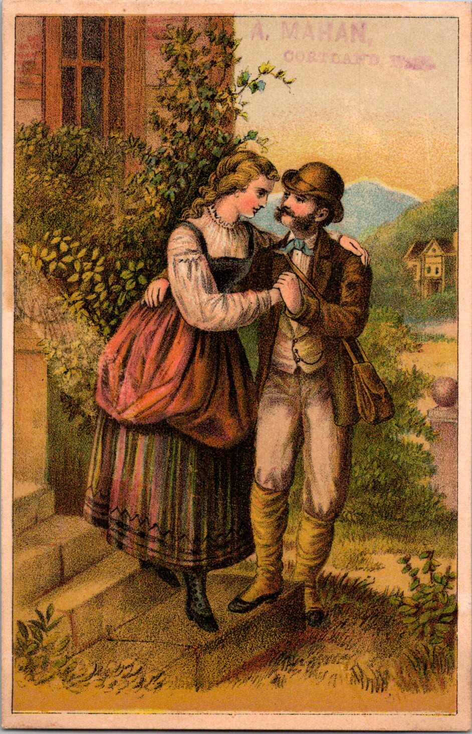 Vintage 1890\'s Mahan\'s Music Store Courting Couple Illinois Victorian Trade Card