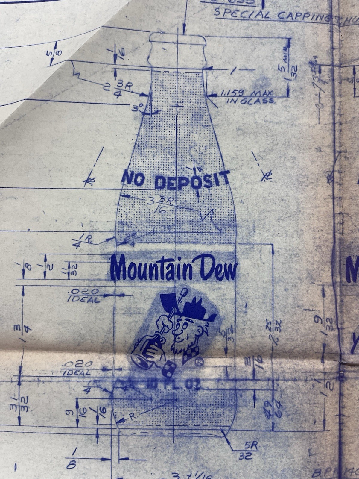 1970 Mountain Dew Bottle Vintage Factory Blueprint Copy Owens-Illinois 10oz