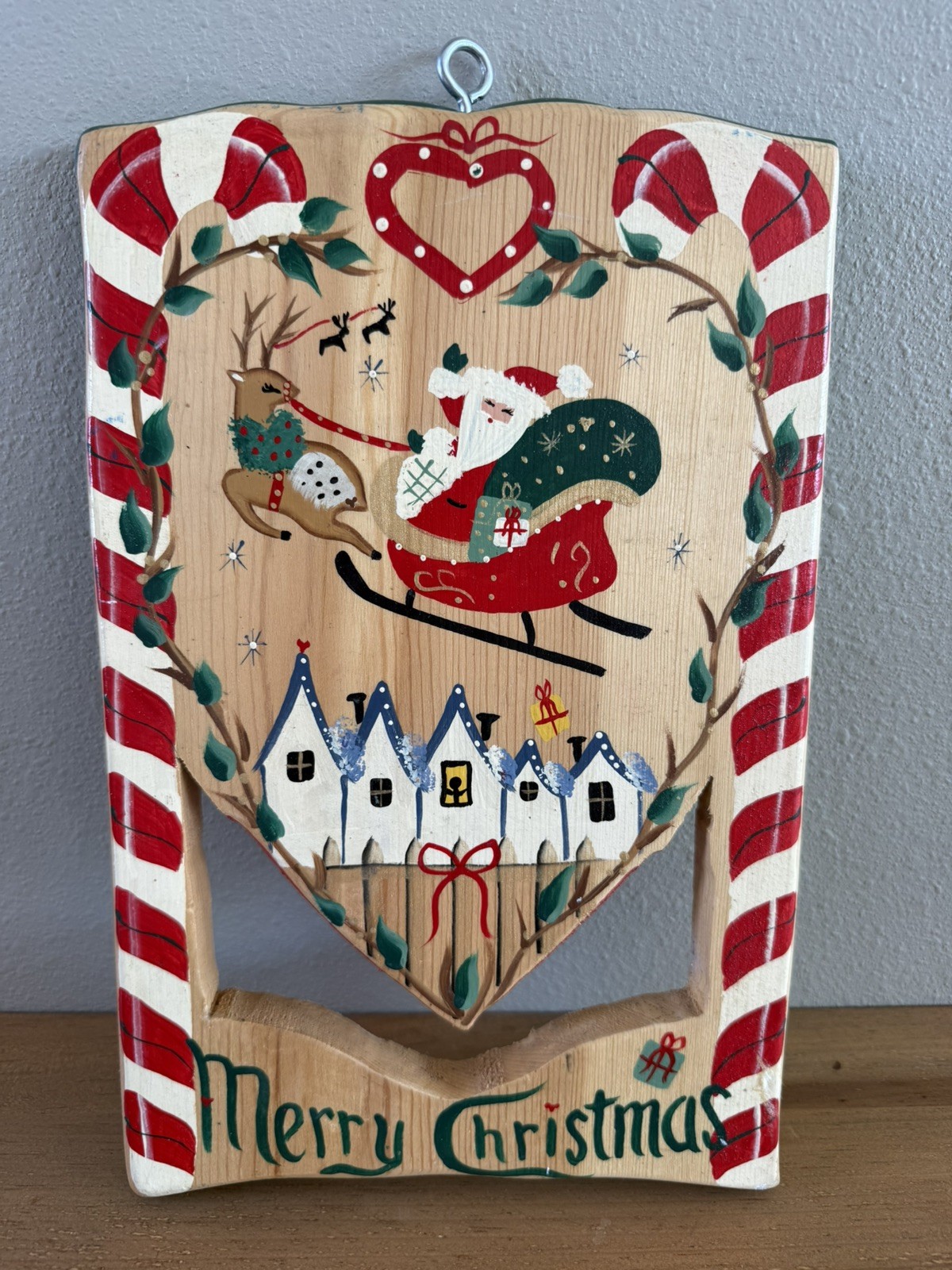 Vintage JDI Fallbrook Wood Plaque Merry Christmas Santa Hand Painted Mexico 12\