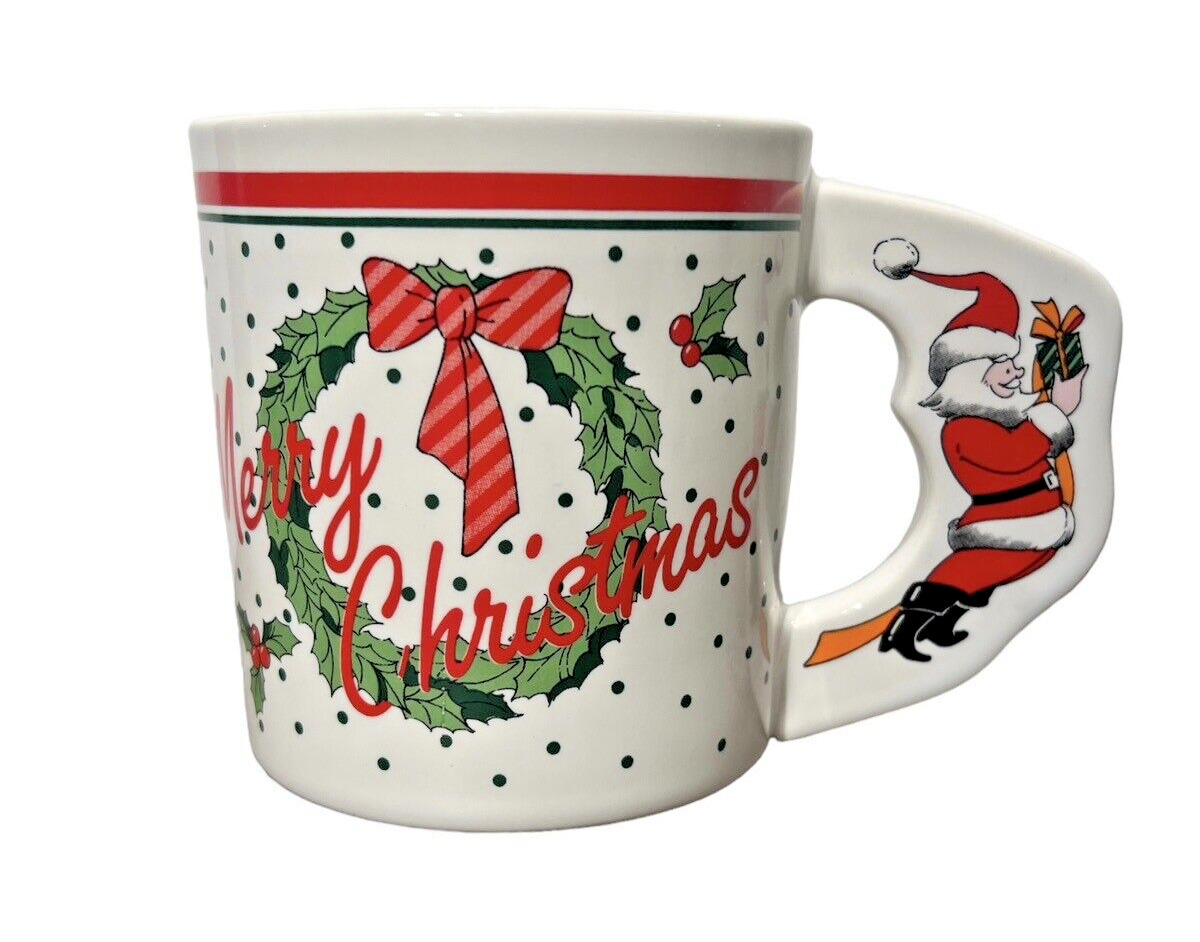 Christmas Mug White W/ Santa Clause Big  Handle Merry Christmas Wreath on Mug