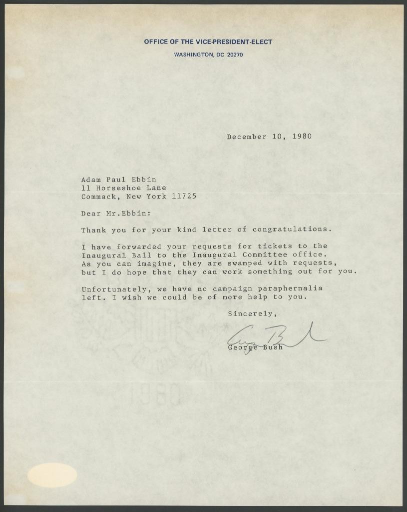 GEORGE H.W. BUSH signed 1980 Vice-President Elect letter - autograph JSA cert