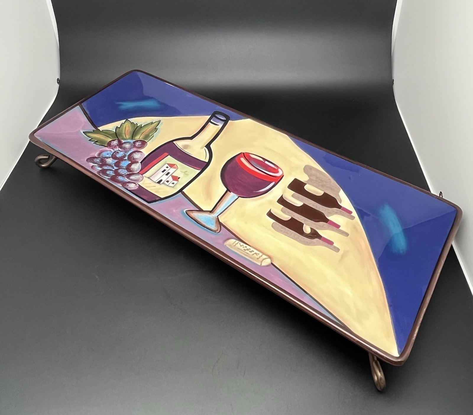 Wine Motif Large Platter SAMPLE OOAK VTG Clay Art S. San Fran-Read Description