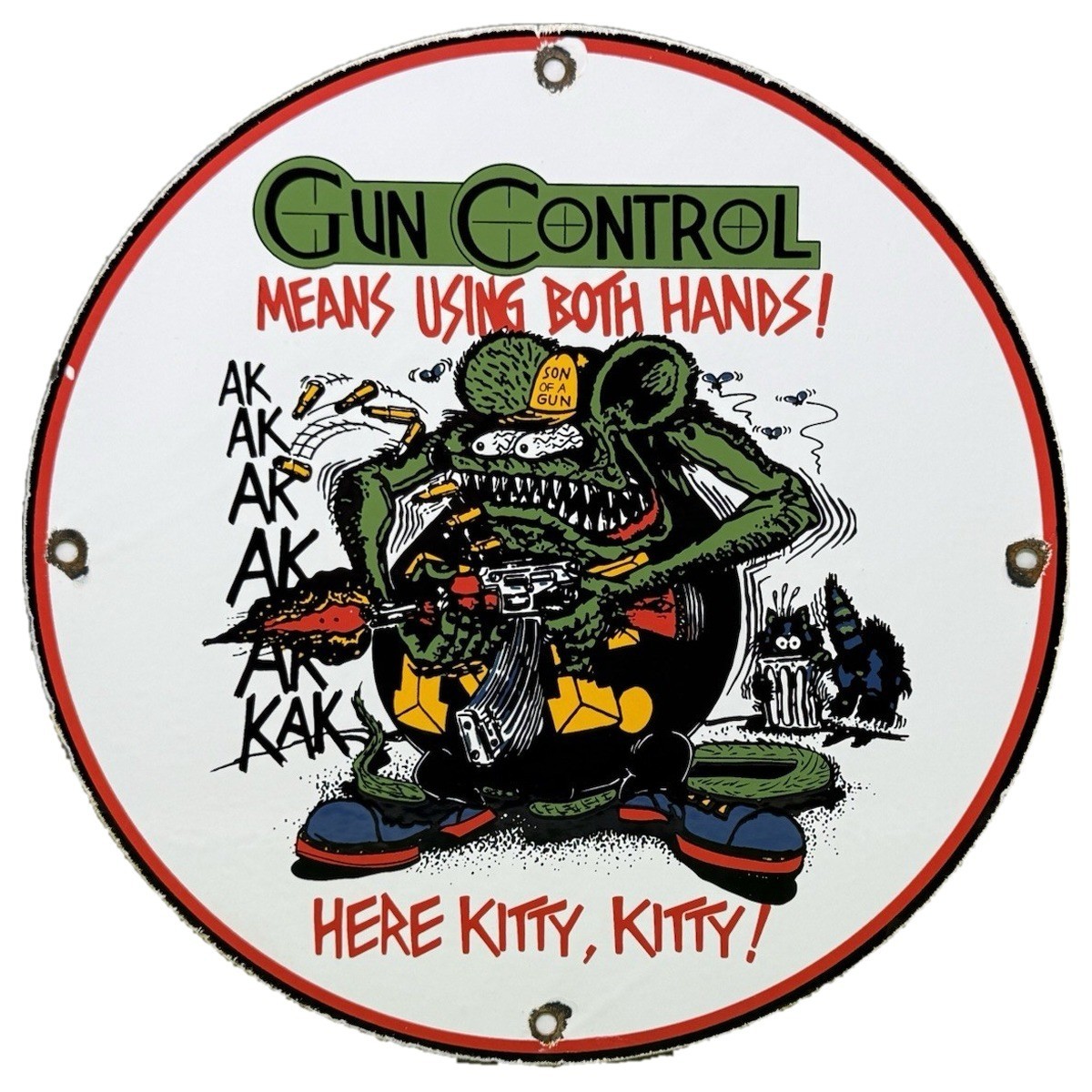 VINTAGE GUN CONTROL MEANS USING BOTH HANDS PORCELAIN SIGN HERE KITTY CARTOON