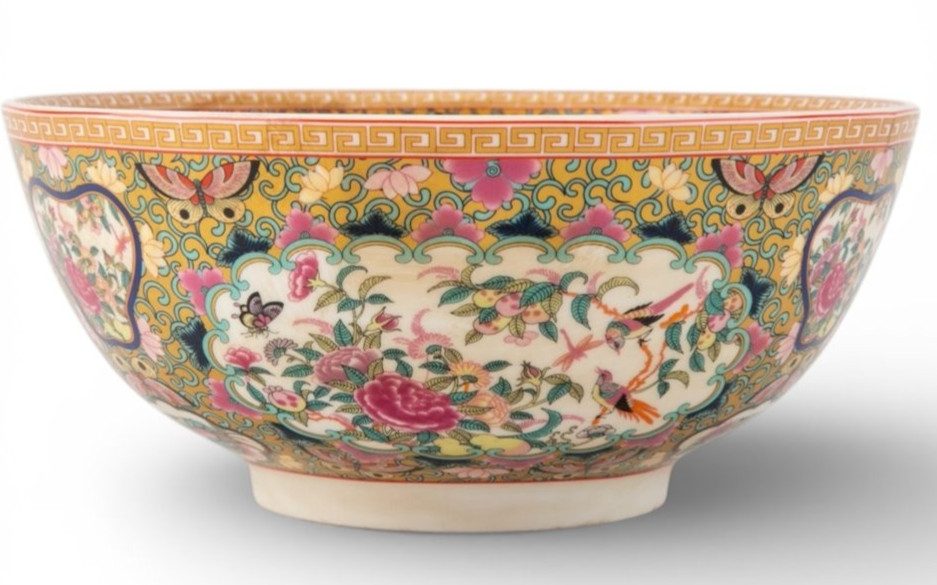 Vintage Style Chinese Rose Medallion Canton Porcelain Bowl Planter