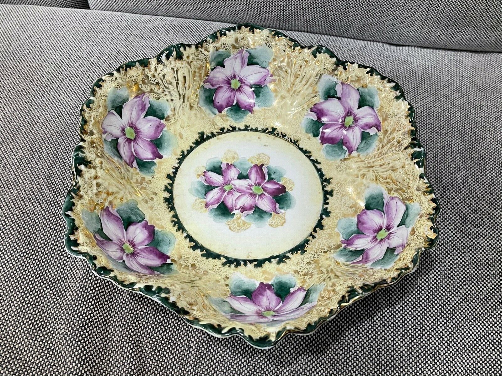 Antique Likely Japanese Nippon Porcelain Bowl w Purple Flowers & Gold Decoration