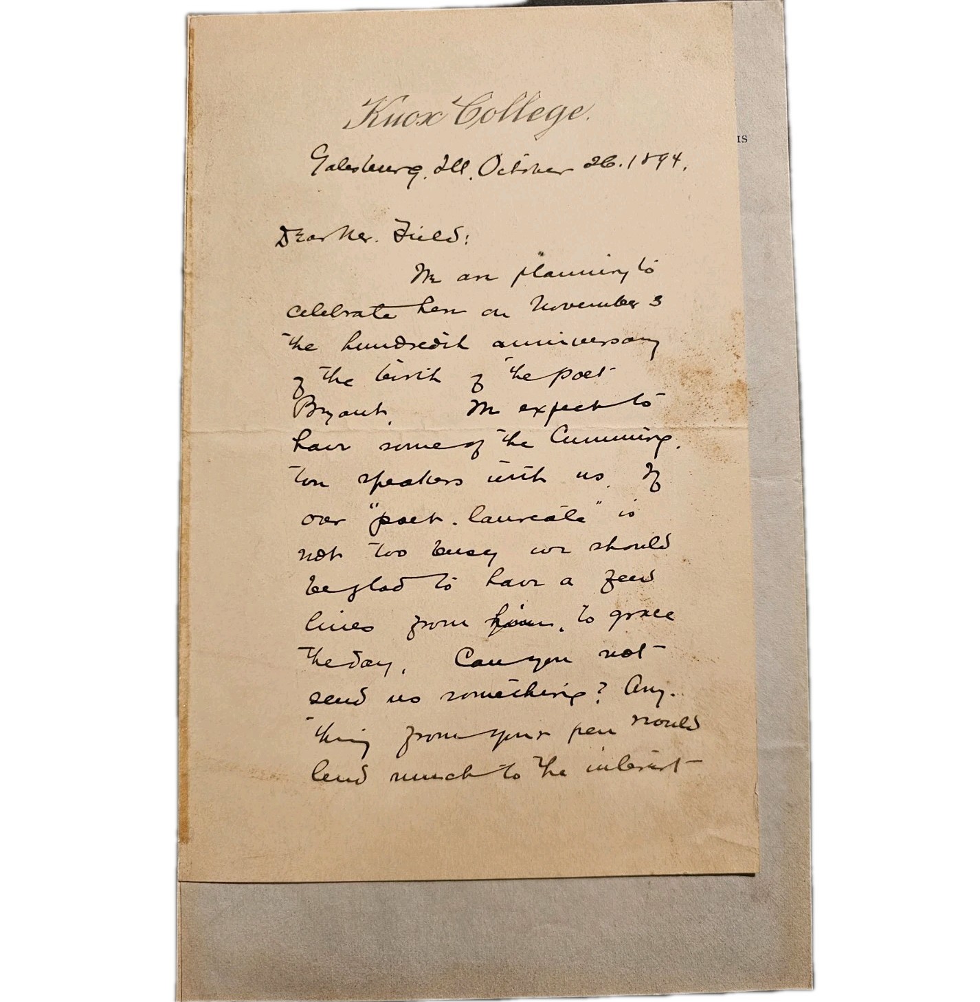1894 John H. Finley ALS to Eugene Field – Burns Centennial, Literary Praise