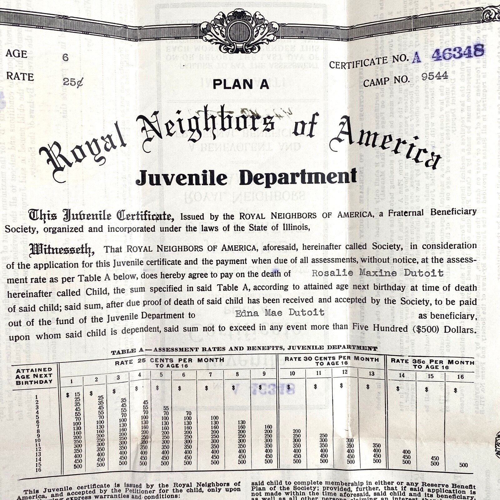  1935 WOMEN\'S GROUP life insurance policy for child ROYAL NEIGHBORS OF AMERICA