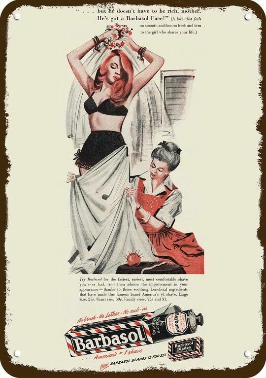 1946 BARBASOL Sexy Red-Head Bride Pin-Up Vntg-Look DECORATIVE REPLICA METAL SIGN