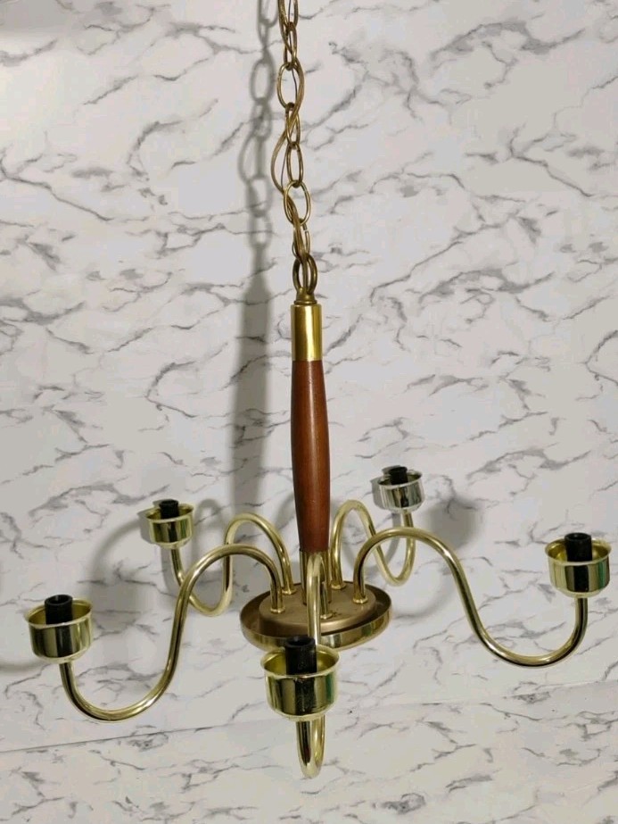 Danish Mid Century Modern Teak Wood and Brass 5-Arm Electric Chandelier Vtg Mcm