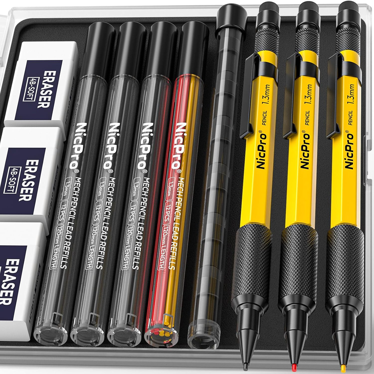 Nicpro 3 PCS 1.3 Mm Mechanical Pencil Set with 48 Lead Refills, 3 Eraser Nicpro 3 PCS 1.3 Mm Mechanical Pencil Set with 48 Lead Refills, 3 Eraser