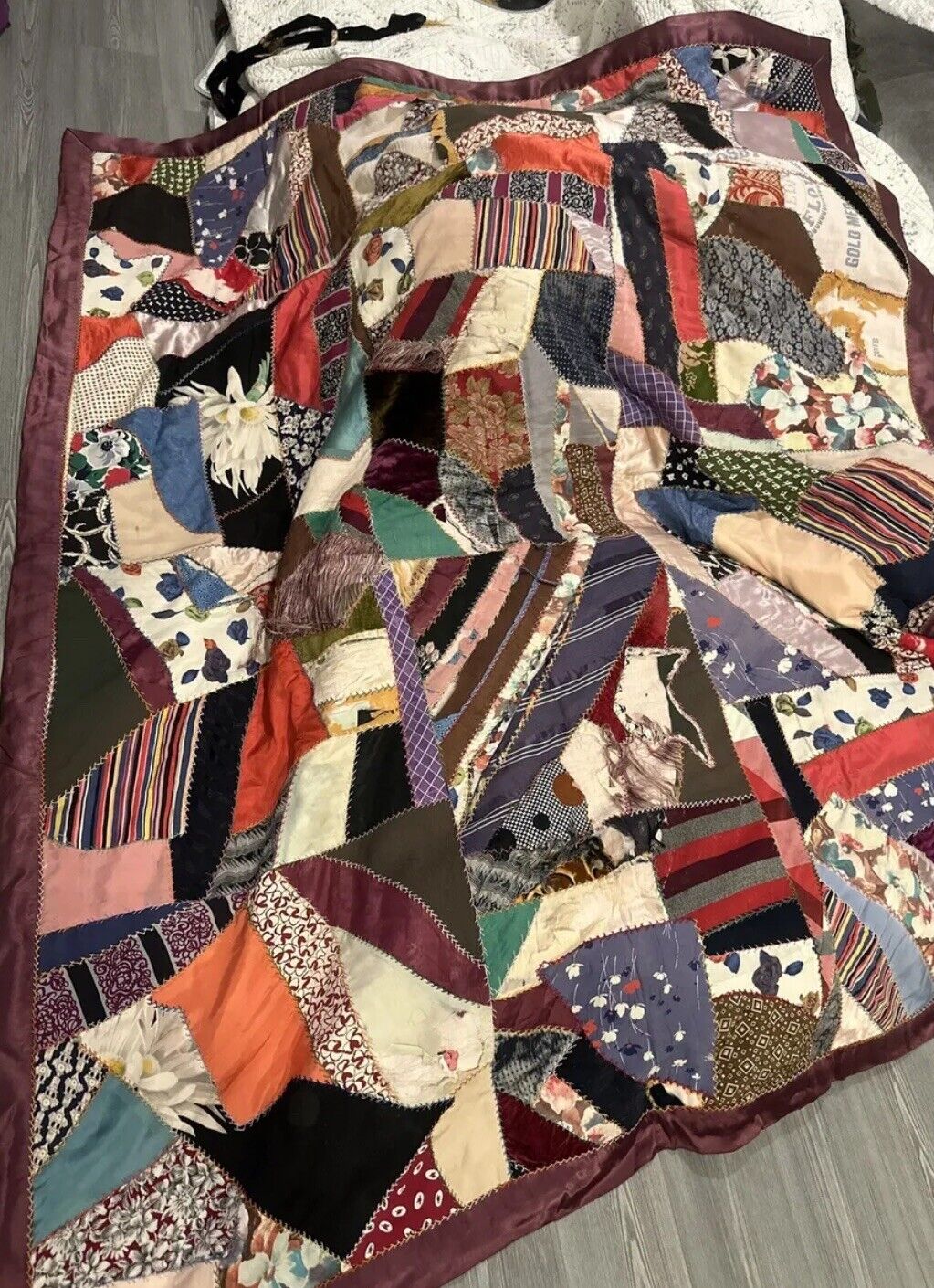 VTG Antique Crazy Patch Quilt Hand Embroidery Stitched Early 1900s 68 X 55  Rare