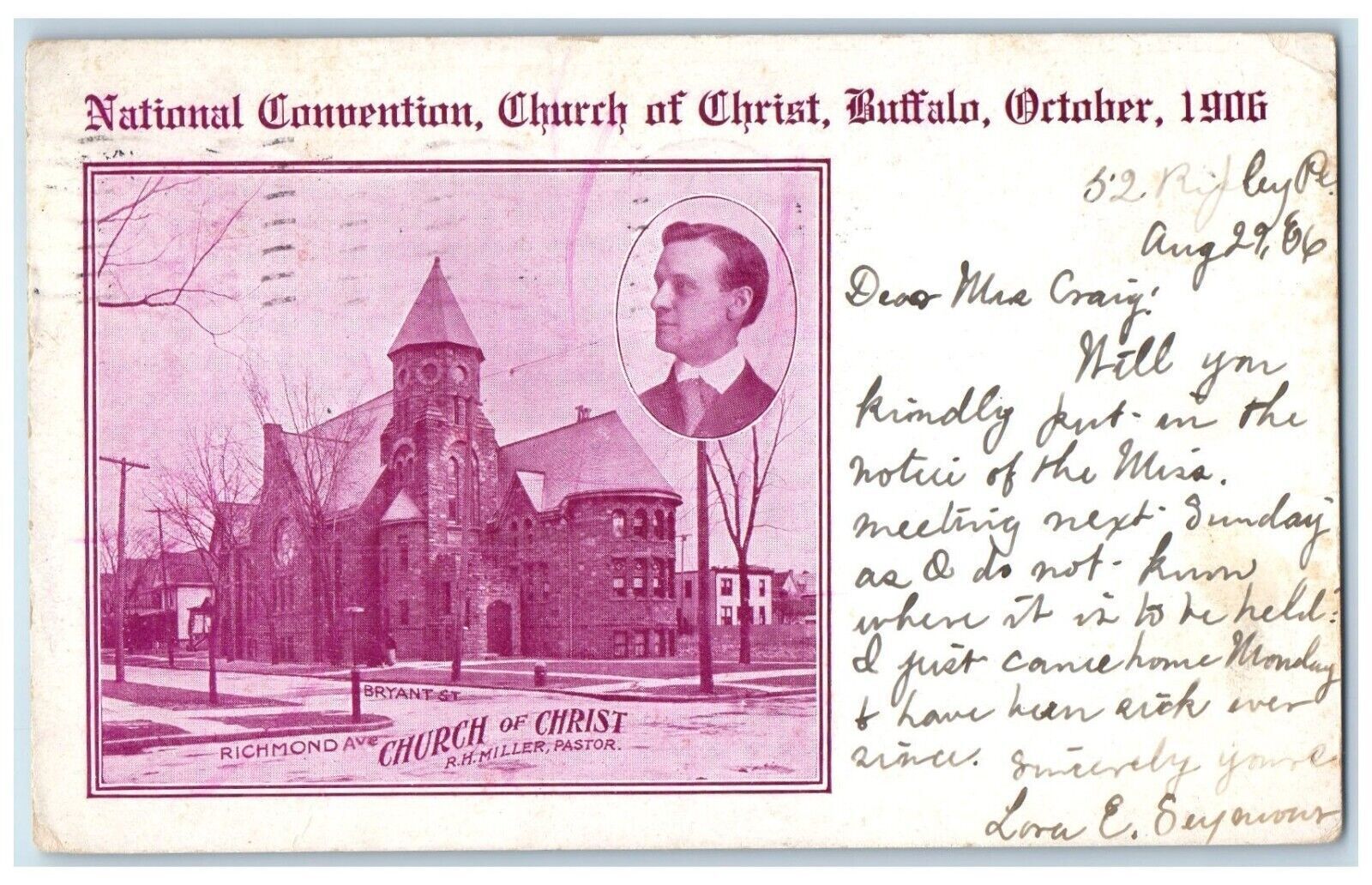 1906 Richmond Ave. Church Of Christ R. H. Miller Pastor Buffalo NY Postcard