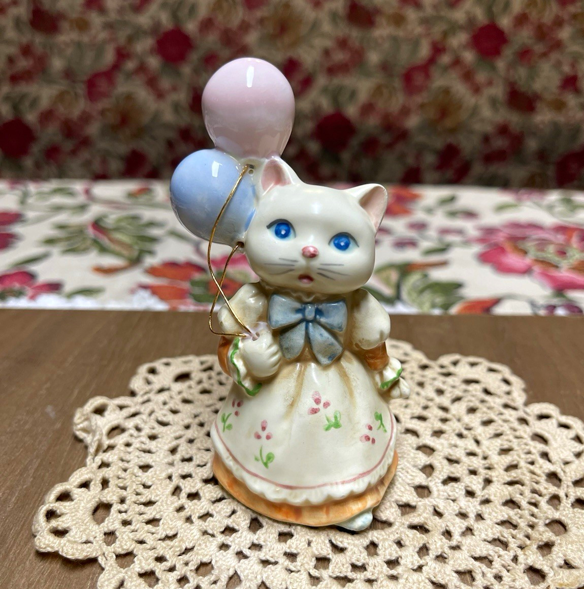 Vintage Takahashi Porcelain Cat Figurine In Dress Holding Pink & Blue Balloons