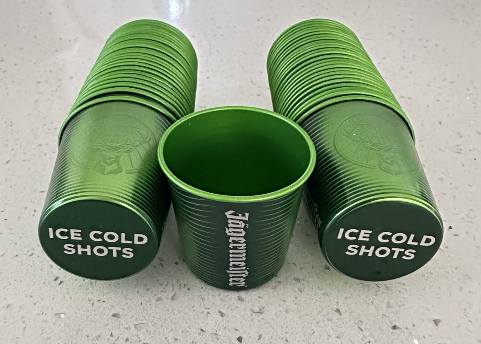 NEW IN BOX JAGERMEISTER COLOR CHANGING SHOT CUPS (50) GREEN ALUMINUM JAGER NEW IN BOX JAGERMEISTER COLOR CHANGING SHOT CUPS (50) GREEN ALUMINUM JAGER