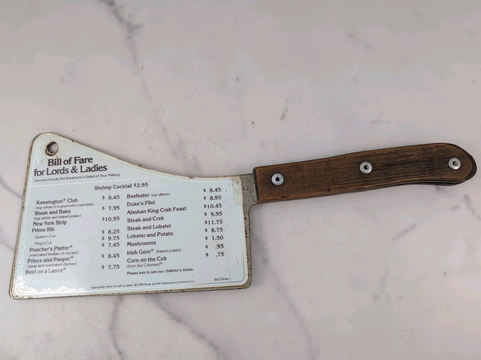 1968 Steak and Ale Restaurants Cleaver Menu Bill of Fare for Lords & Ladies