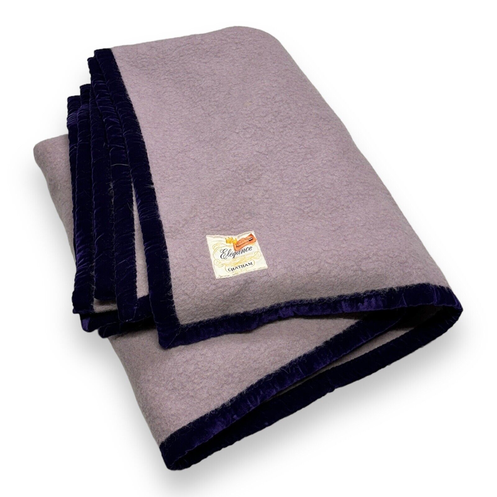 Vtg Chatham Elegance Wool Blanket Lavender Purple w/ Velvet Trim 72x85”