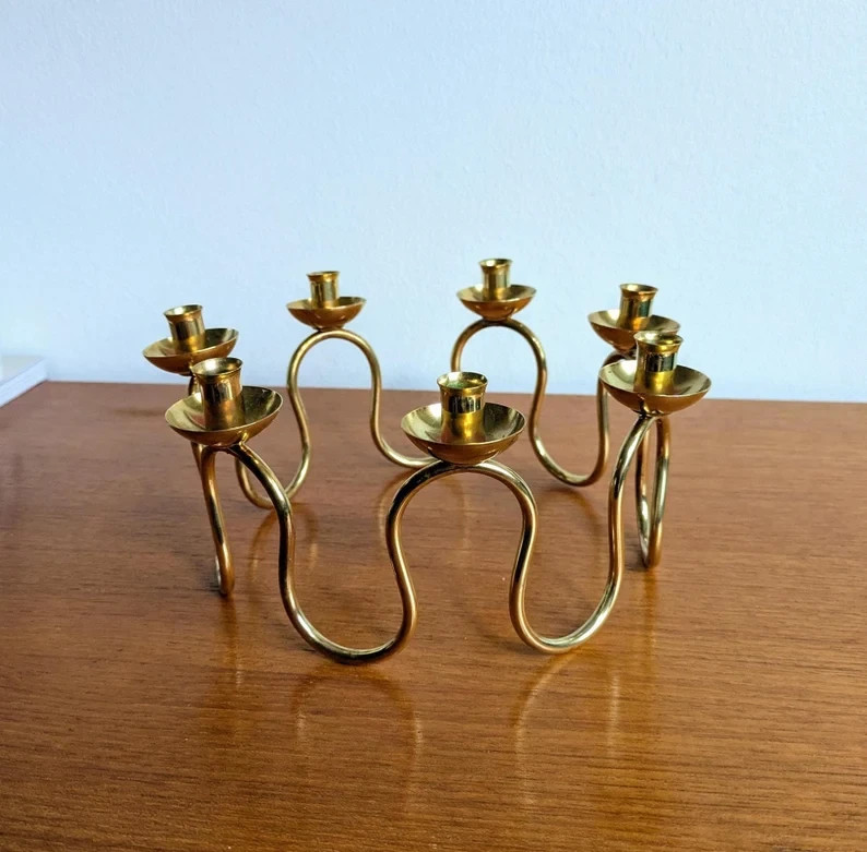 Vintage Brass Lars Holmström ARVIKA Centerpiece Candleholder Swedish Modern 60s