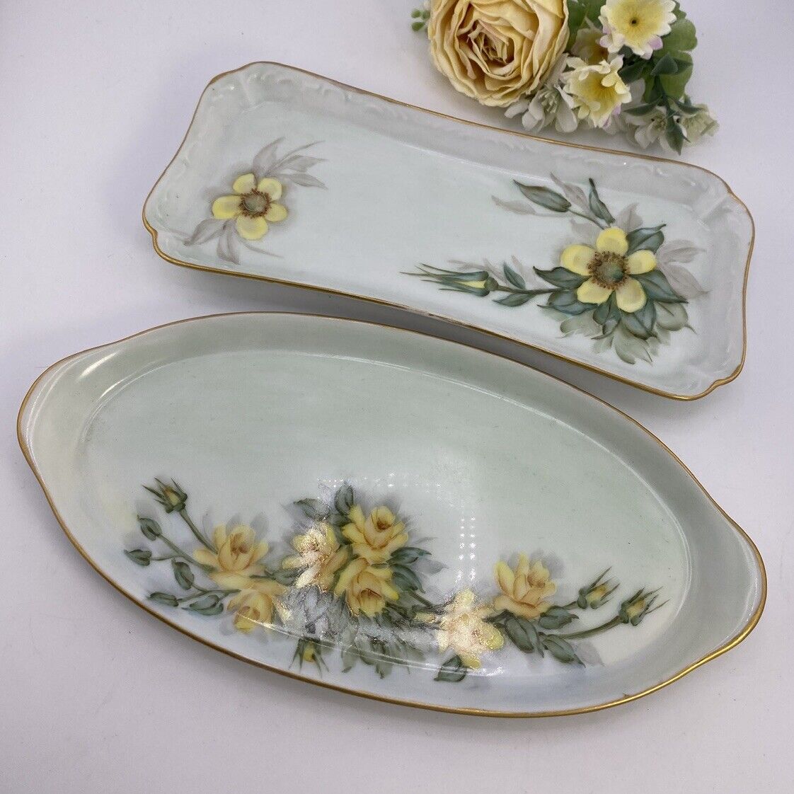 Vintage Handpainted Porcelain Trays Vanity Tray Trinket Dish Set Yellow Flowers