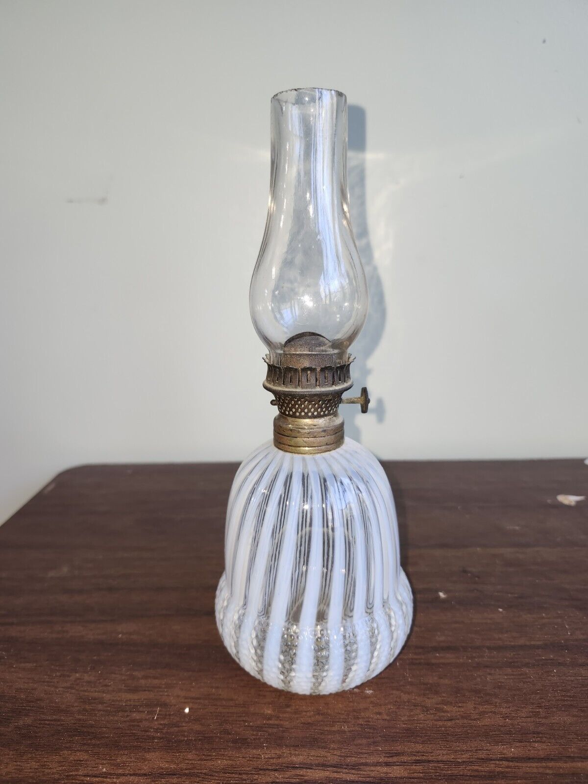 Antique Opalescent Stripe Miniature Oil Lamp 