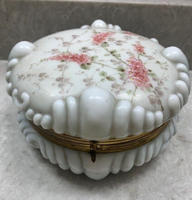 Antique Wavecrest  Hinged White Dresser Box Powder Hand Painted Pink Floral 7'