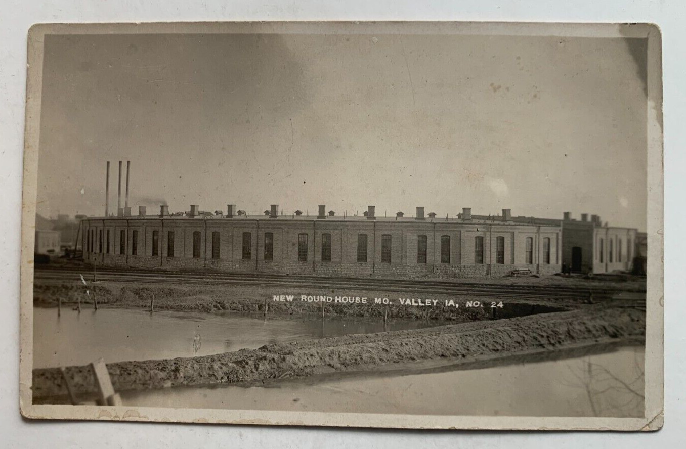 ca 1910s RR RPPC Postcard Missouri Valley Iowa Railroad Train Roundhouse AZO