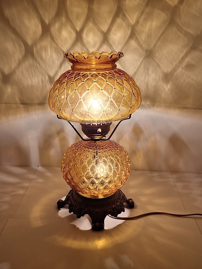 Vintage Amber Hobnail Diamond Quilt Glass Hurricane Ornate Table Lamp GWTW