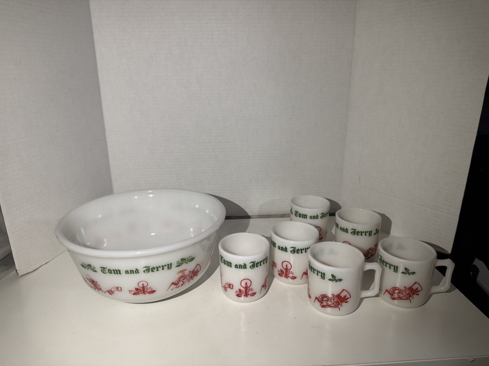 Vintage Hazel Atlas Christmas Cheer Tom and Jerry Punch Bowl Set with 6 Cups