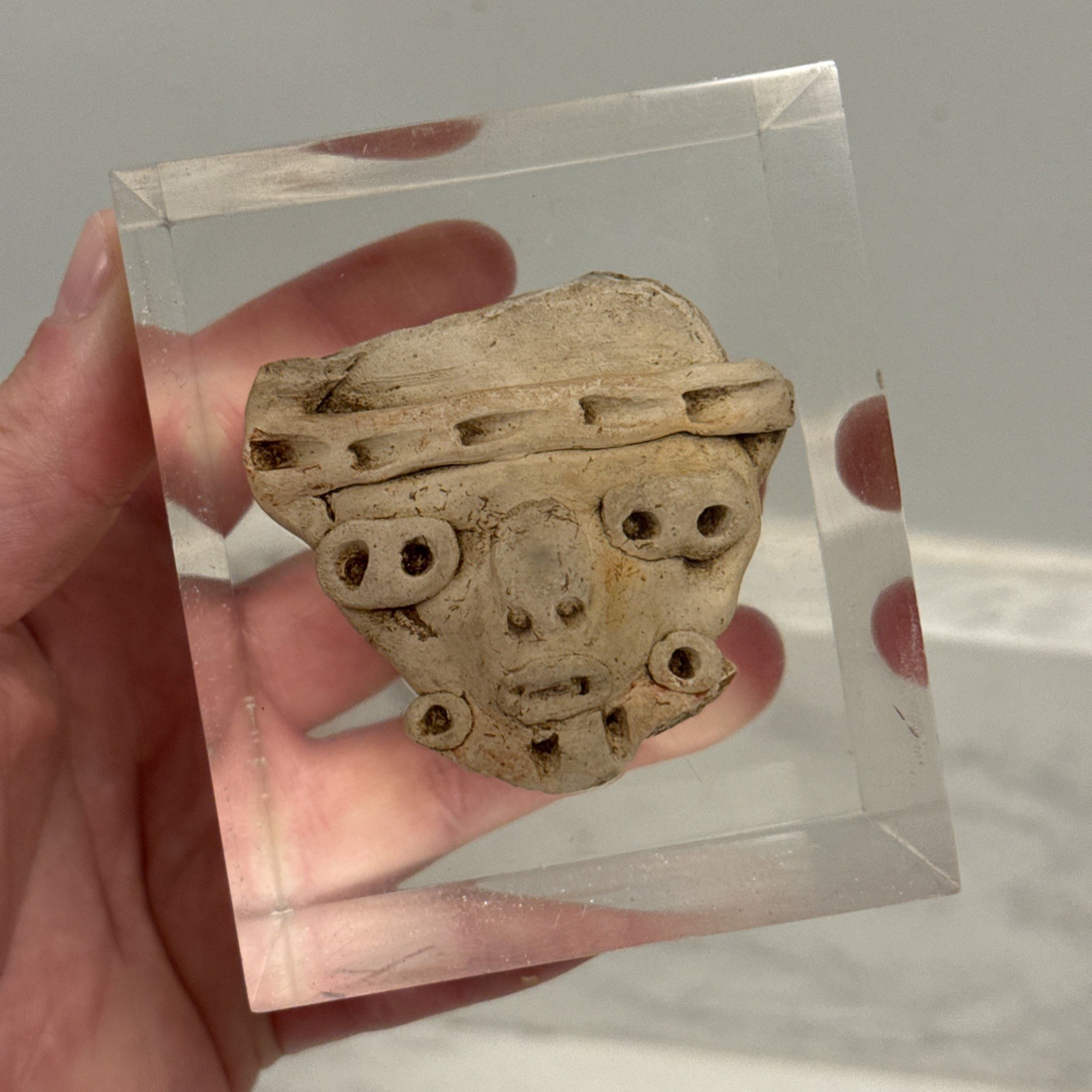 Authentic Pre Columbian Pottery Effigy Fragment Encased In Lucite Cube 3.5” Authentic Pre Columbian Pottery Effigy Fragment Encased In Lucite Cube 3.5”