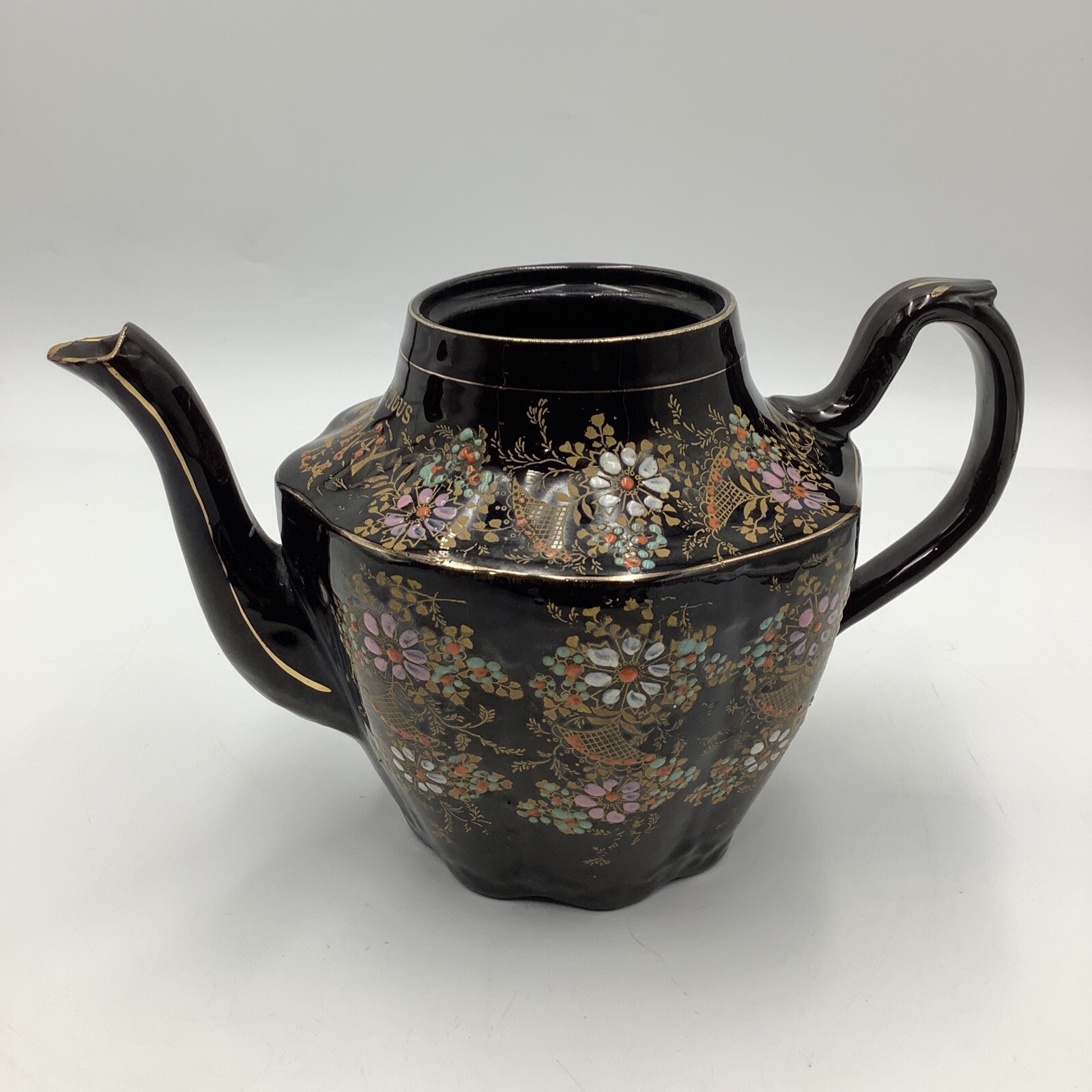 Vintage Black Japanese Style Teapot W/No Lid (Floral Scene) Price Bros England