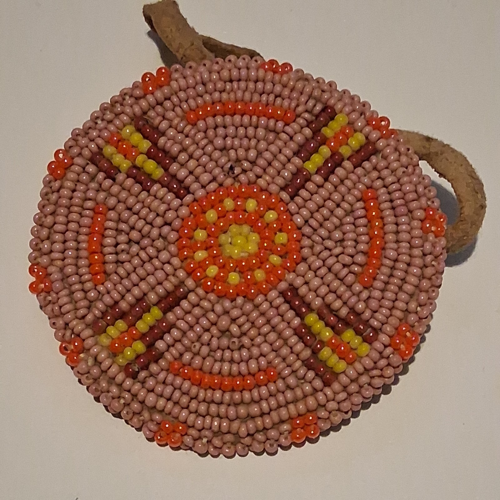 Vintage Native American beaded leather shield bracelet  necklace hair tie? Pink