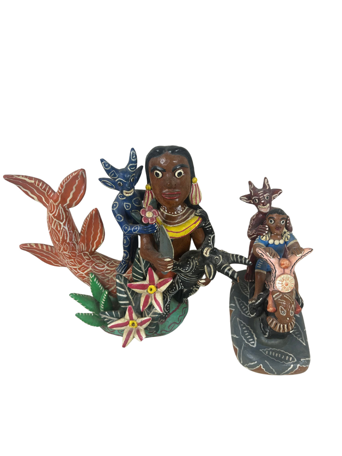 Vintage Mexican Ocumicho Folk Art Clay Pottery Figures Pair Mermaid Devil Moto