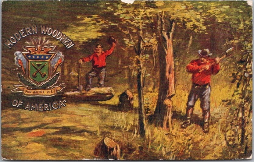 Vintage 1908 MODERN WOODMEN OF AMERICA Postcard Logging Scene / 1908 RPO Cancel