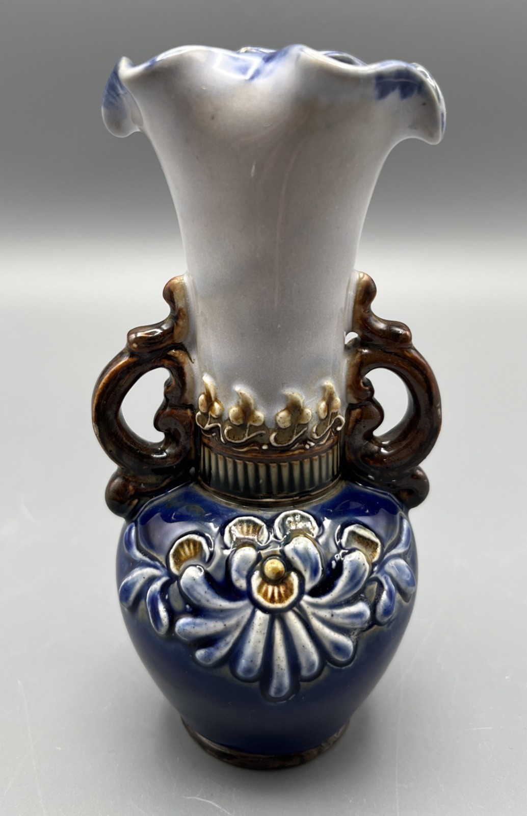 Doulton Lambeth Stoneware Vase Art Nouveau Blue Floral Relief Double Handles