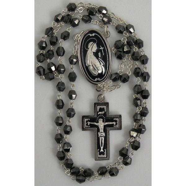 Damascene Silver Rosary Crucifix Virgin Mary Black Beads by Midas of Toledo 9602