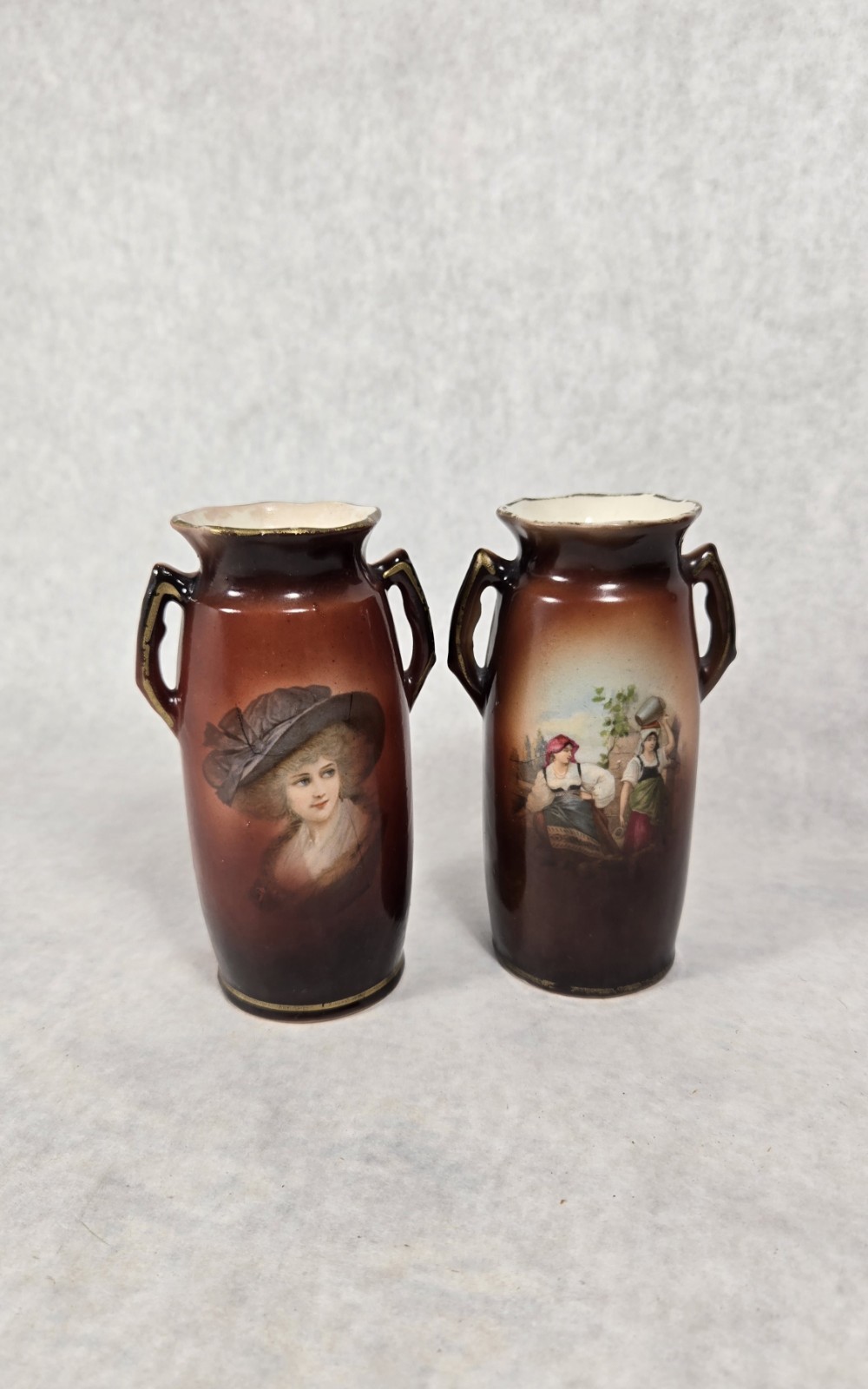 Antique CZECH Hand Painted Porcelain Portrait Vase Two Handle 5.5\