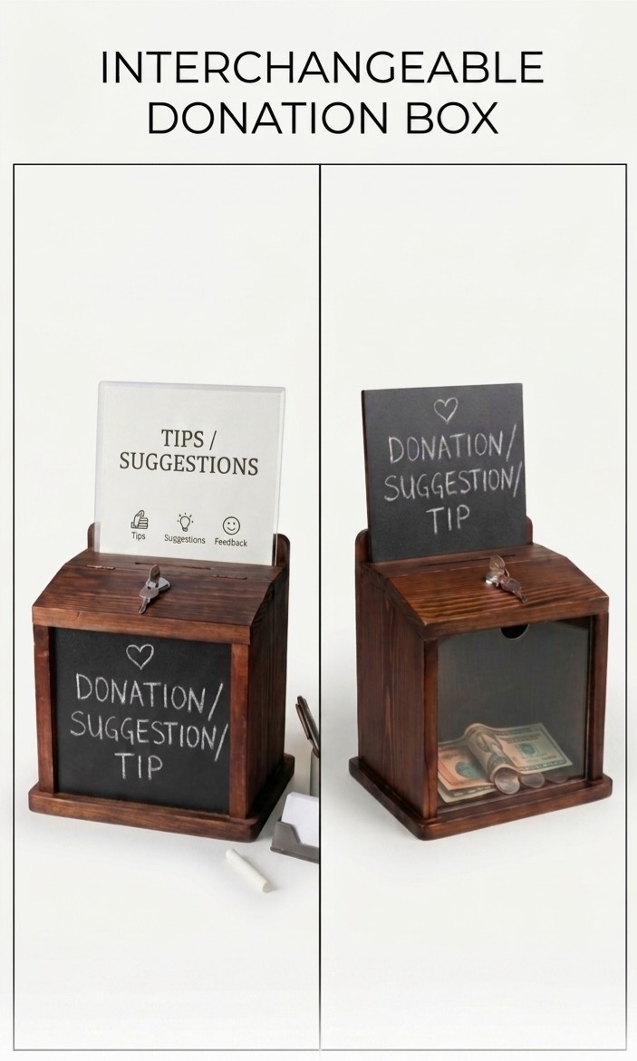 Rustic Wooden Donation Box with Sign Holder Tip Box Ballot Suggestion Key Lock