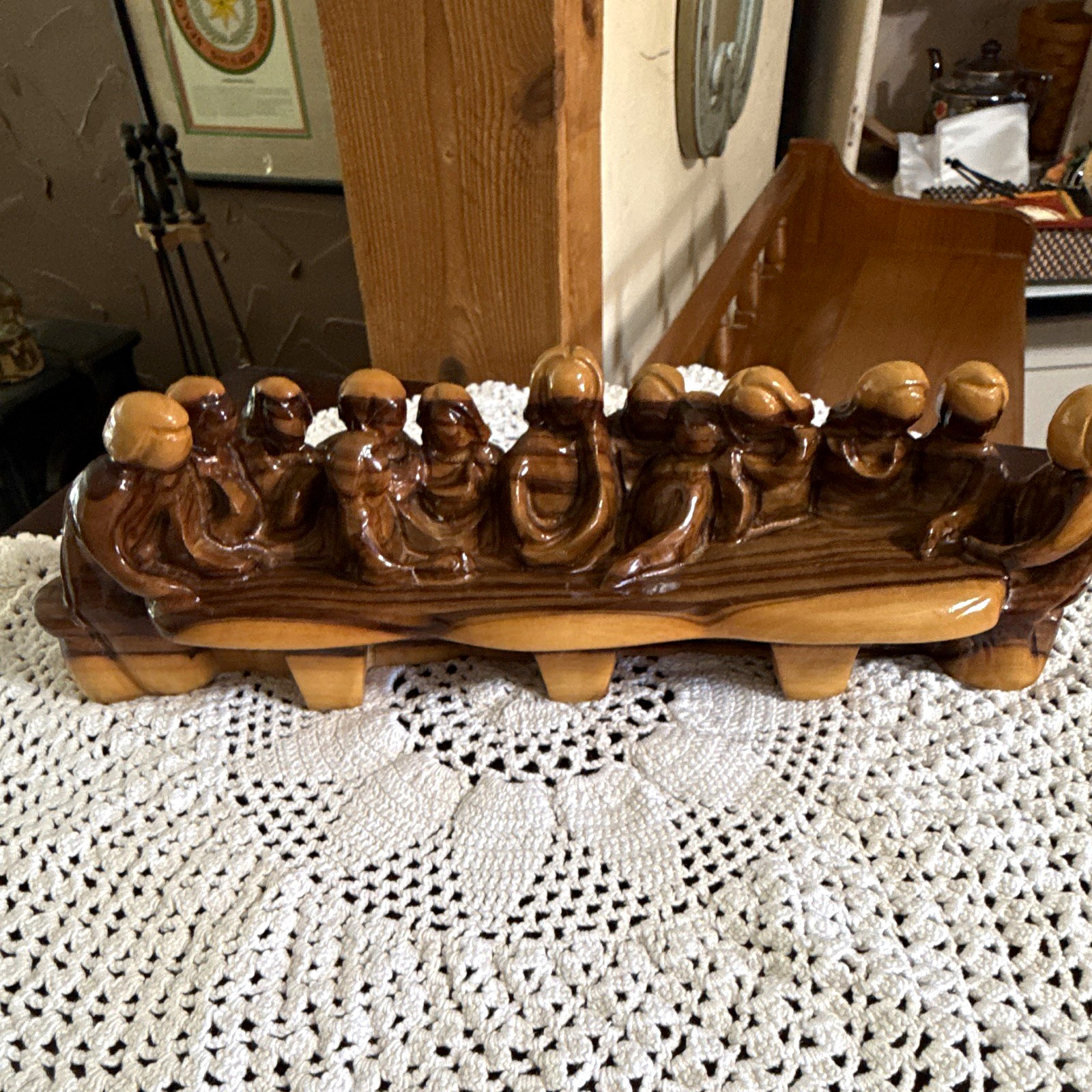 Hand Carved olive  Wood Last Supper Sculpture Brown Tan Glossy Finish