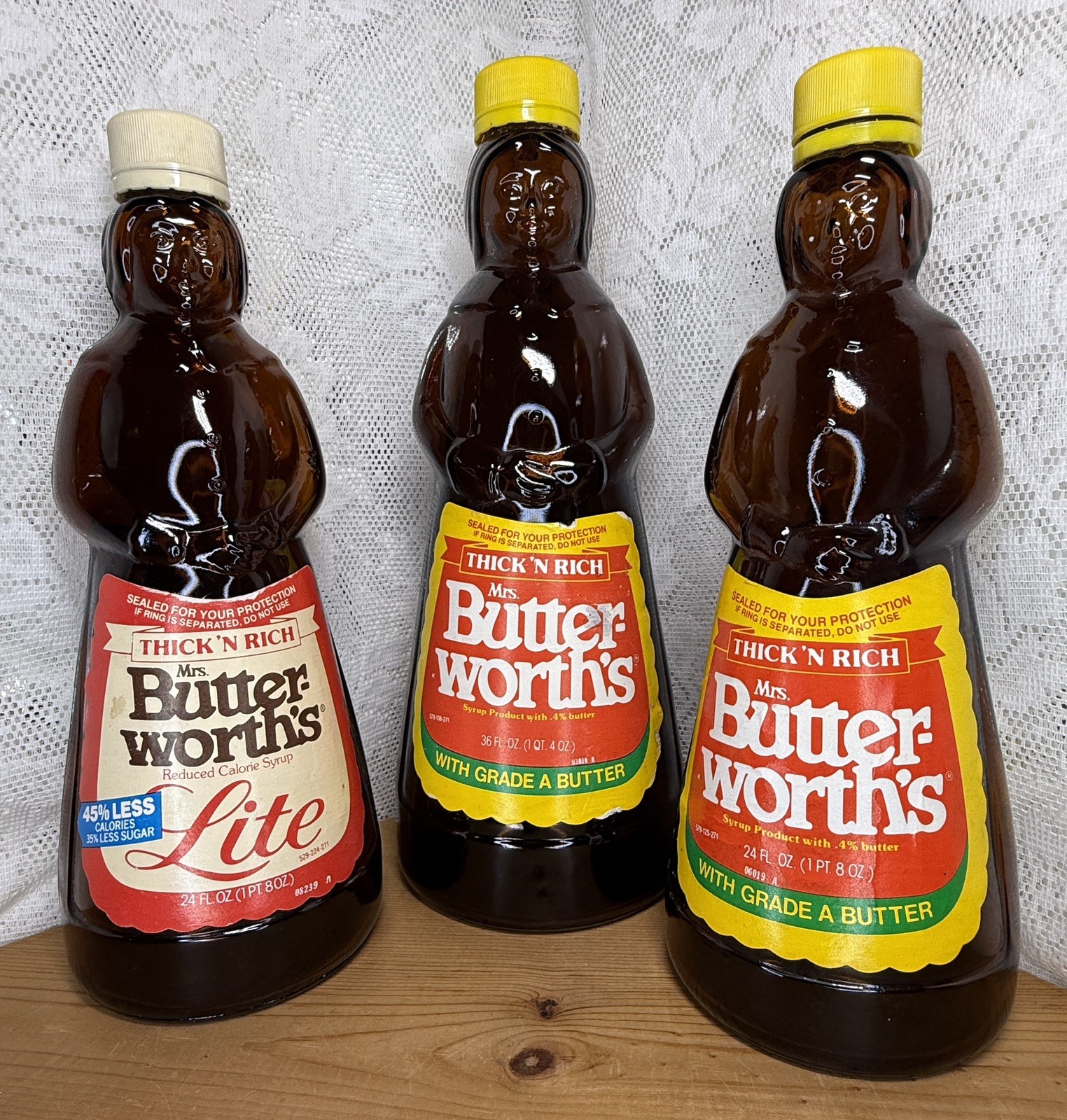 VTG 1980s Mrs. Butterworth\'s 36 & Lite 24 oz Brown Amber Glass Syrup Bottle Lot